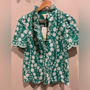 Sézane - Dalhia Shirt Ella - Green / White embroidered flowers- US2 - NWT